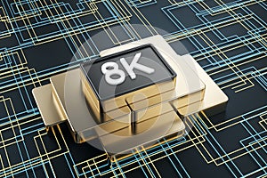 Creative 8K chip on tech background. Ultra resolution concept.