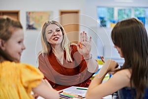 Creative kids during an art class in a daycare center or elementary school classroom drawing with female teacher.