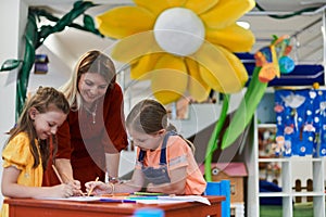 Creative kids during an art class in a daycare center or elementary school classroom drawing with female teacher.