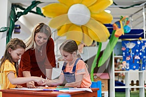 Creative kids during an art class in a daycare center or elementary school classroom drawing with female teacher.