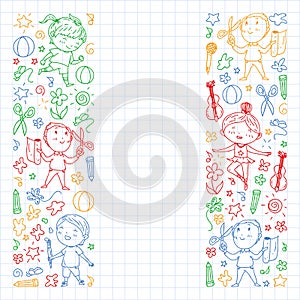 creative kids dancing, sing, playing football, playing guitar, violin, making models from paper. colorful pen drawing on