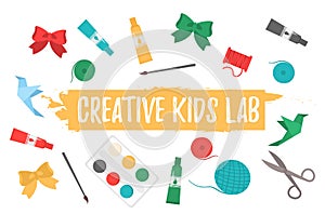 Creative kids lab, top view, kids hands.