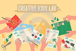 Creative kids lab, top view, kids hands.