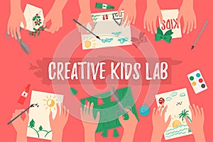 Creative kids lab, top view, kids hands.