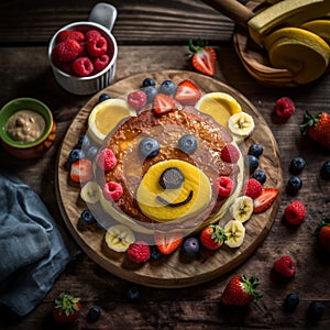 Creative kids meals. Cute and sweet bear pancake, with berries and maple sirrup, high angle view