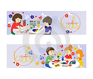Creative kids set of banners vector illustration. Girls and boys playing, painting, cutting paper, sketching. Education