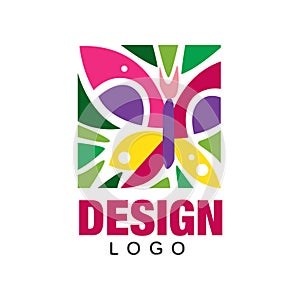 Creative label design with abstract butterfly and floral elements. Colorful ornament in flat style. Vector element for