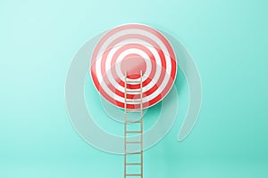 Creative ladder leading to bulls eye target on blue wall background. Targeting, career and aim concept.