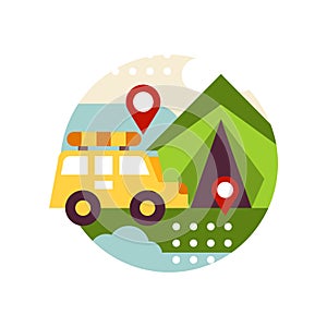 Creative landscape with retro van bus and tent in logo circle, travel and camping sign, design element for emblem or