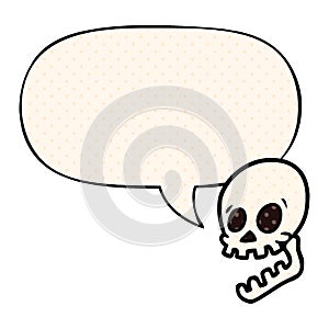 A creative laughing skull cartoon and speech bubble in comic book style