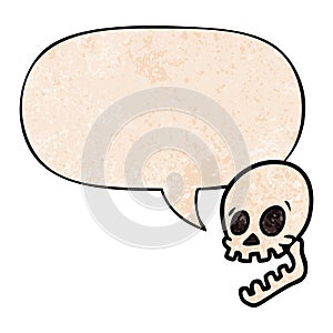 A creative laughing skull cartoon and speech bubble in retro texture style