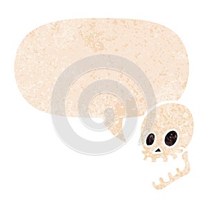 A creative laughing skull cartoon and speech bubble in retro textured style