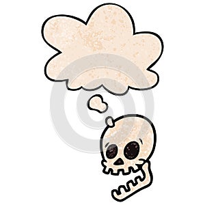 A creative laughing skull cartoon and thought bubble in grunge texture pattern style