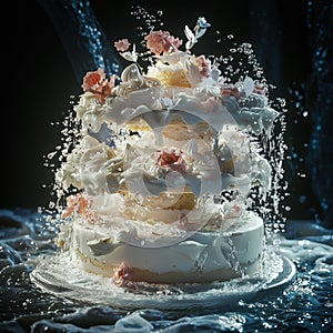 Artistic cake explosion with water splashes photo