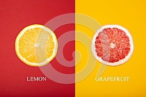 Creative layout of citrus fruits, lemon and grapefruit.  Fruit concept, macro.