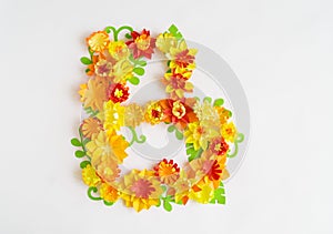 Creative layout with colorful flowers, leaves and letterb.