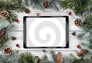 Creative layout frame made of Christmas tree branches, pine cones and tablet pc on white wooden background. Xmas and New Year