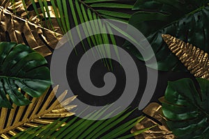 Creative layout with gold and green tropical palm leaves on black background. Minimal summer abstract pattern