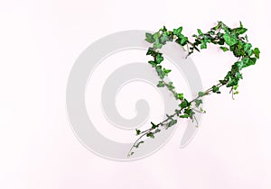 Creative layout made of branches and leaves with copy space. Flat lay. Heart shape. Love concept