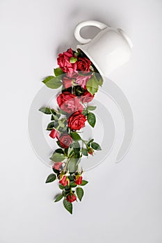 Creative layout made of coffee or tea cup with red roses on white background