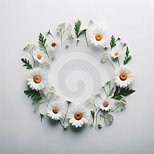 Creative layout made of daisies and green leaves on white background