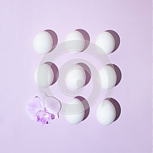 Creative layout made of eggs and orchid flower on pastel purple background. Flat lay. Easter concept