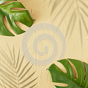Creative layout made of green tropical leaves and shadows on sand background. Flat lay.