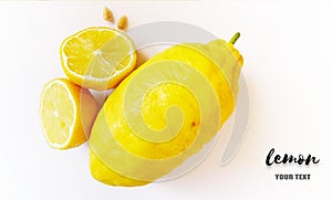 Creative layout made of lemon and seeds. Food concept. Lemon and lemon halves on white