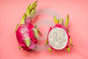 Creative layout made of pitahaya . Flat lay. Food concept. dragonfruit on pink background.