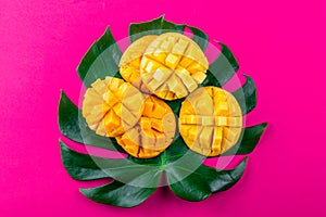 Creative layout made of summer tropical fruits mango and tropical leaves on pink background. Flat lay. Tropical food