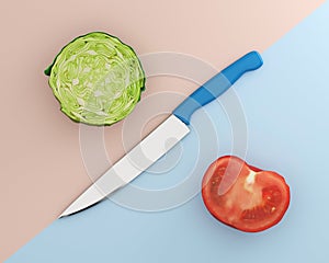 Creative layout made of tomato and cabbage with stainless kitchen knives. Flat lay. minimal food idea concept. used for