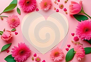 Creative layout with pink flowers, paper heart over punchy