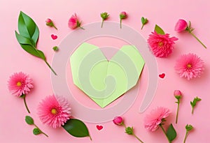 Creative layout with pink flowers, paper heart over punchy