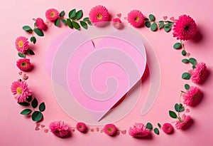 Creative layout with pink flowers, paper heart over punchy