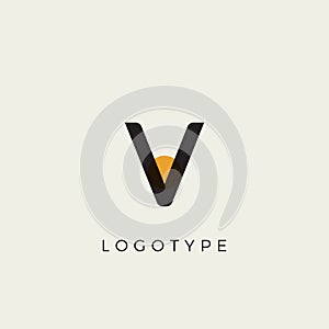 Creative letter V for logo and monogram. Minimal artistic style letter with yellow spot for education, festive and party