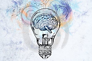 Creative light bulb with brain and cogs sketch