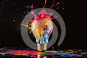 Creative light bulb explodes with colorful pain and splashes on a black background