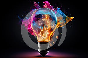 Creative light bulb explodes with colorful pain and splashes on a black background