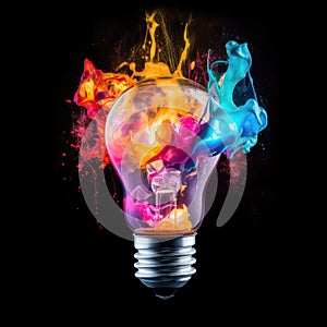 Creative light bulb explodes with colorful pain and splashes on a black background