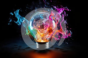 Creative light bulb explodes with colorful pain and splashes on a black background