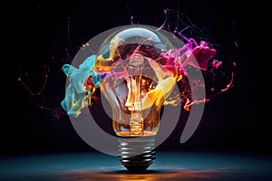 Creative light bulb explodes with colorful pain and splashes on a black background