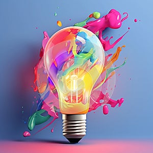 Creative light bulb explodes with colorful paint and splashes