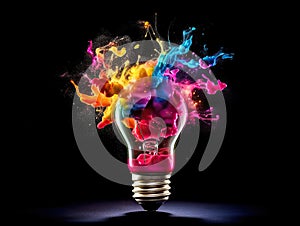 Creative light bulb explodes with colorful paint and splashes isolated background