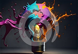 Creative light bulb explodes with splashes of multi-colored paint photo