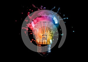 Creative light bulb exploding with colorful paint new idea concept