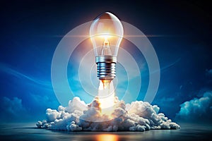 Creative Light Bulb Rocket Launch on Blue Background