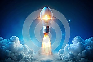 Creative Light Bulb Rocket Launch on Blue Background