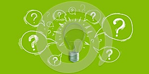 Creative light bulb sketch with questions on green background. Idea, innovation and creativity concept.