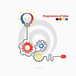 Creative light bulb symbol with linear of gear shape. Progression of idea concept. Business, education and industrial idea