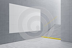 Creative light concrete tile interior with stairs and mock up banner on wall. School hallway and corridor concept.